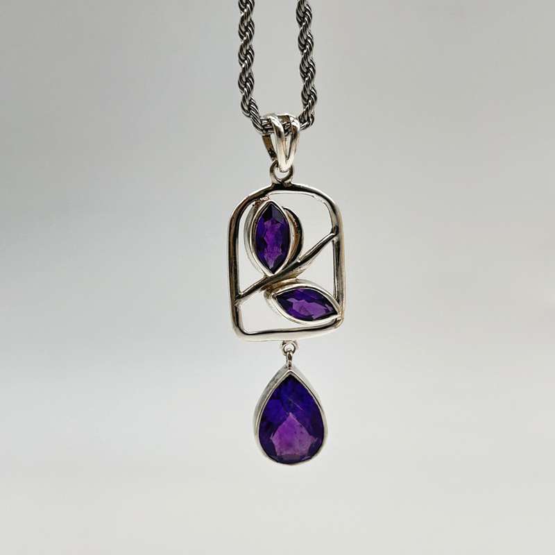 Sterling Silver 3 Stone Amethyst Crystal Pendant
