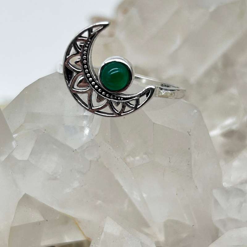 Emerald Crystal Sterling Silver Moon Ring