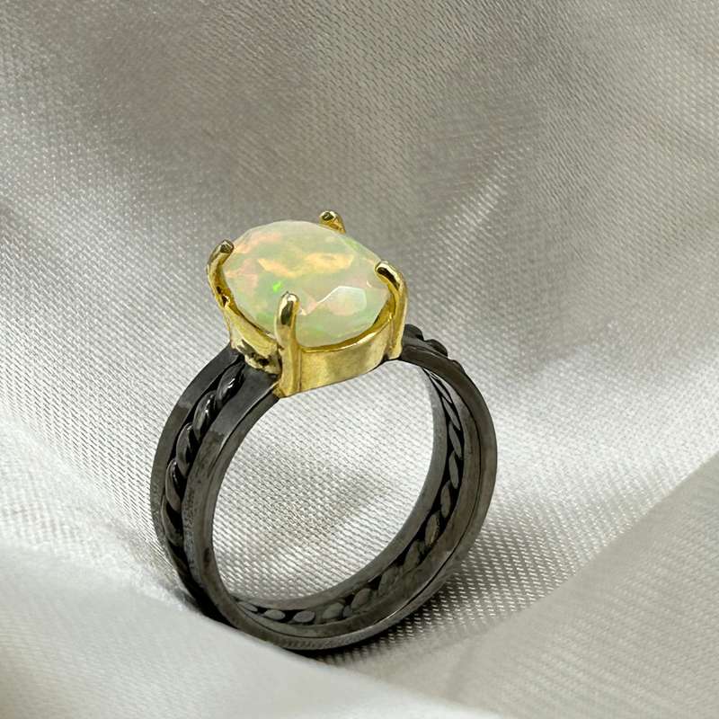 Ethiopian Opal Sterling Silver Rhodium Plated Ring