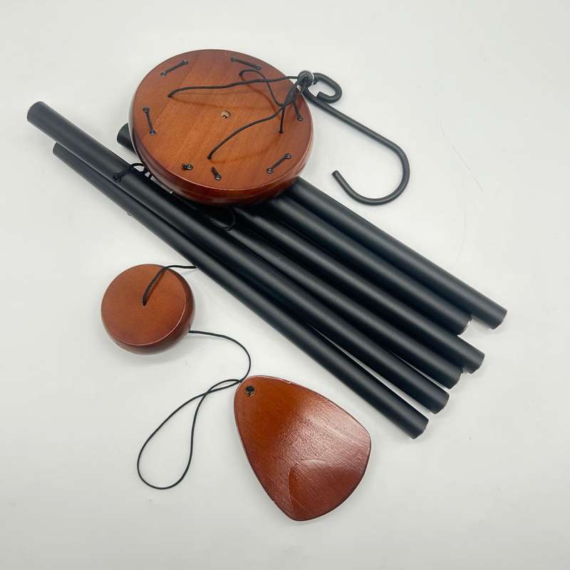 Black 6 Rod Wealth Wind Chime with Wood Accent