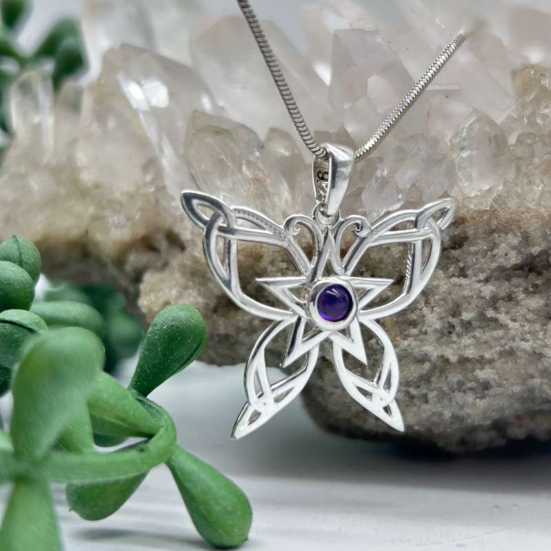 Sterling Silver Celtic Butterfly Amethyst Crystal Cabochon Pendant