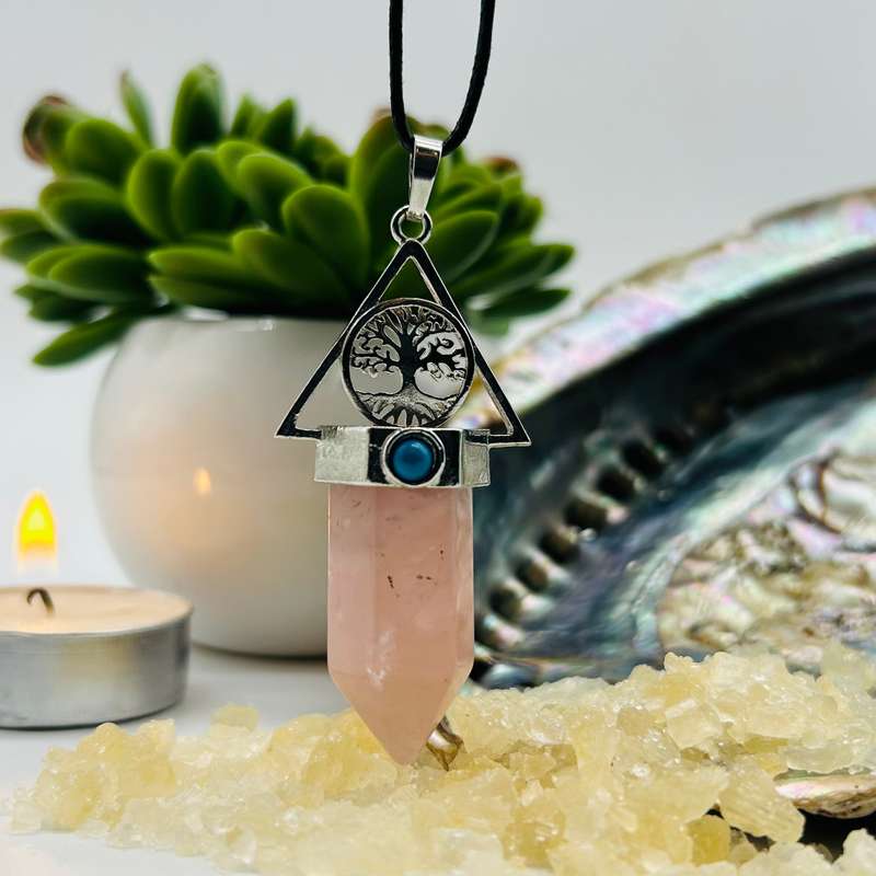 Rose Quartz Crystal Pendant with Tree of Life