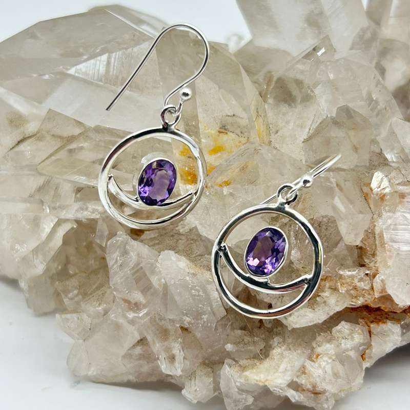 Modern Crescent Moon Amethyst Crystal Sterling Silver Earrings