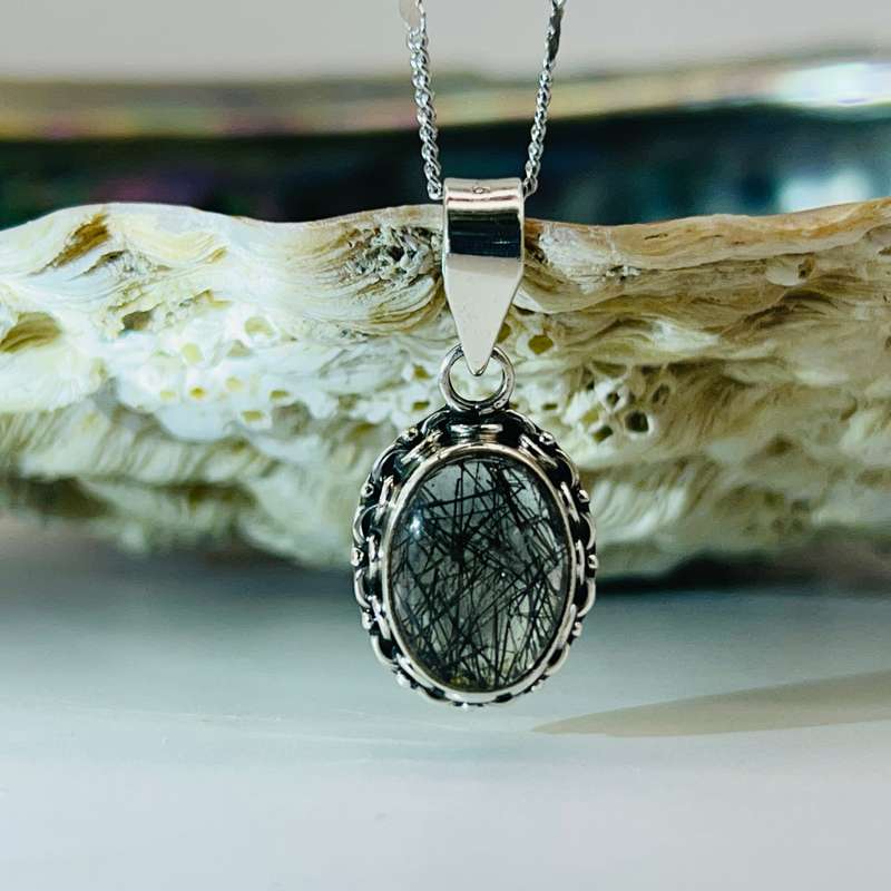 Black Rutile Sterling Silver Crystal Pendant