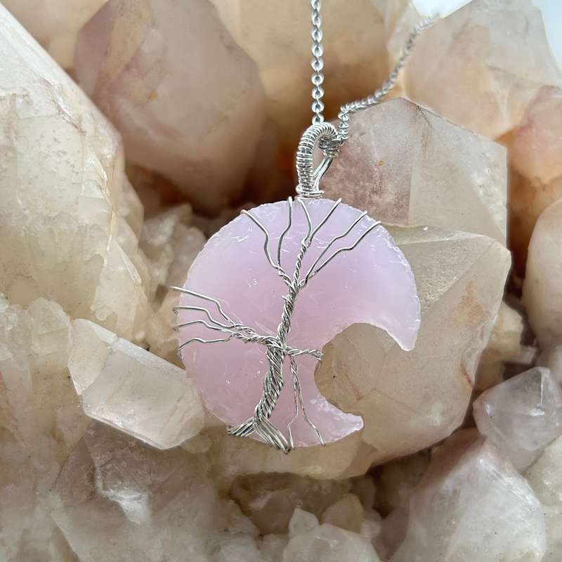 Rose Quartz Moon Wire Wrap Crystal Pendant