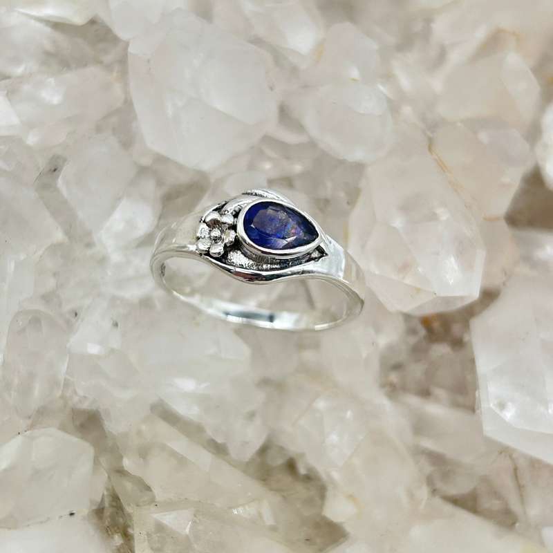 Pear Shaped Faceted Iolite Crystal Sterling Silver Ring