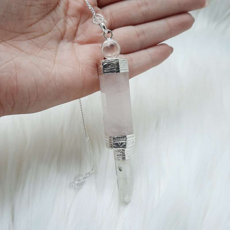 Rose Quartz White metal Wand Pendulum Kit