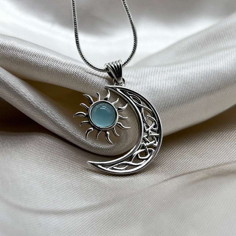Celtic Cresent Moon & Sun Blue Chalcedony Sterling Silver Pendant