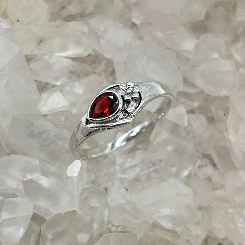 Pear Shaped Garnet Faceted Sterling Silver Ring