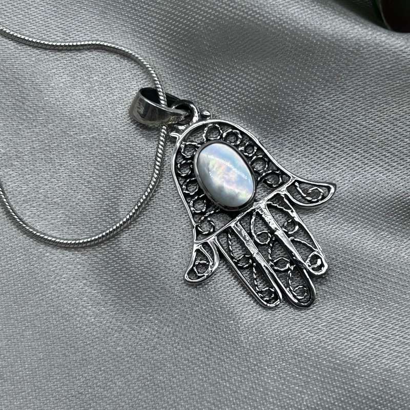Shimmering Mother Of Pearl Hand Of Hamsa Sterling Silver Pendant