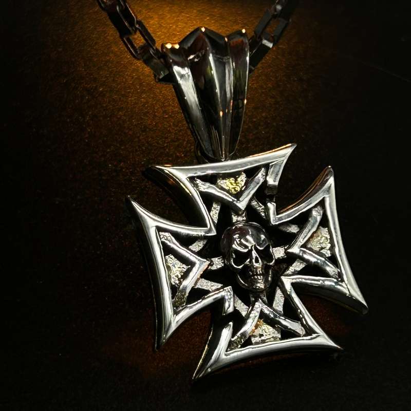 Mens Skull Iron Cross Sterling Silver Pendant