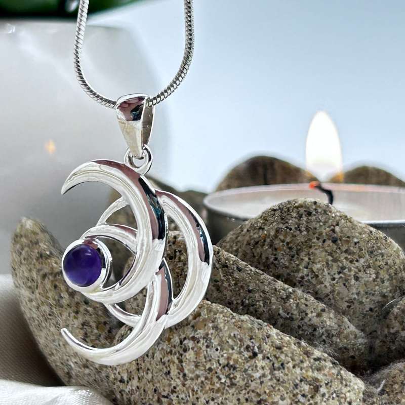 Sterling Silver Triple Crescent Moon Crystal Pendant with Amethyst