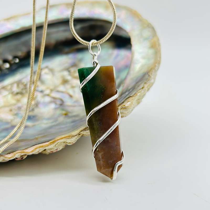 Moss Agate Crystal Flat Tongue Pendant