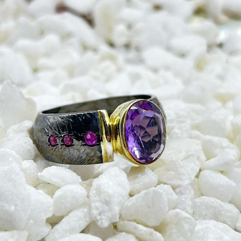 Amethyst Rhodium Plated Sterling Silver Ring