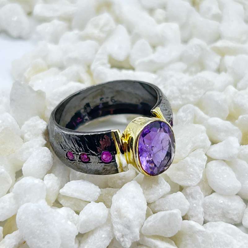 Amethyst Rhodium Plated Sterling Silver Ring