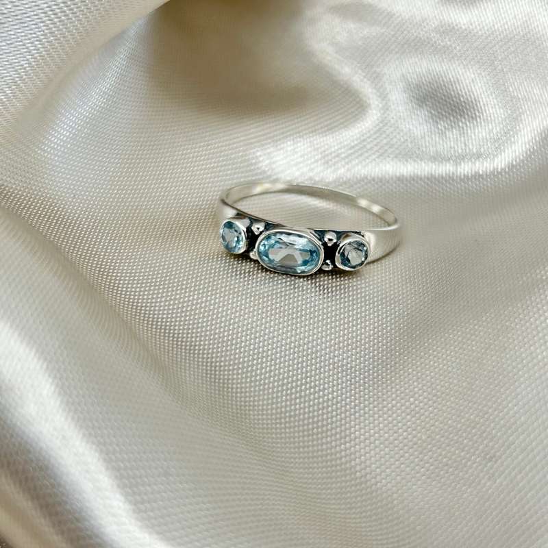 Blue Topaz 3 Stone Sterling Silver Ring