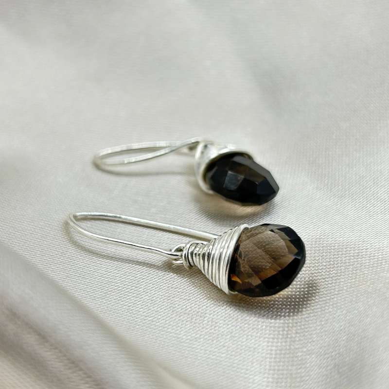 Smoky Quartz Crystal Wire Wrap Sterling Silver Earrings