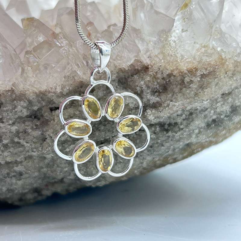 Sterling Silver Flower Citrine Crystal Pendant