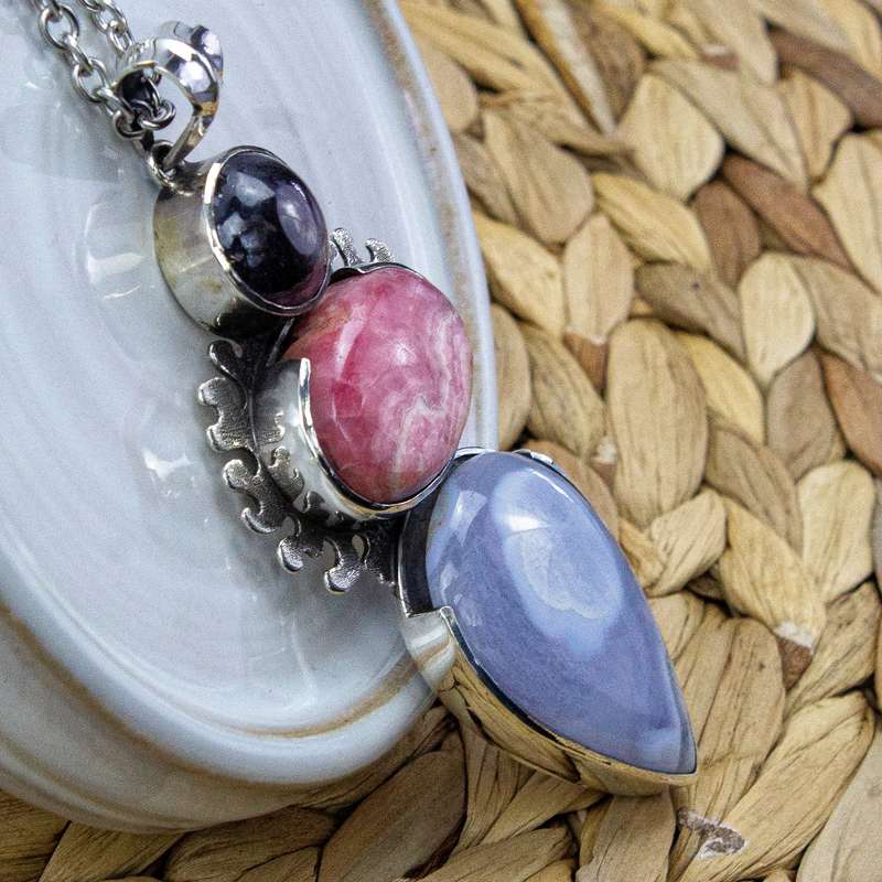 Sterling Silver Madagascan Ruby, Rhodochrosite and Blue Lace Agate Crystal Gemstone Pendant (Nepal)