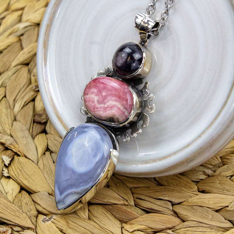 Sterling Silver Madagascan Ruby, Rhodochrosite and Blue Lace Agate Crystal Gemstone Pendant (Nepal)