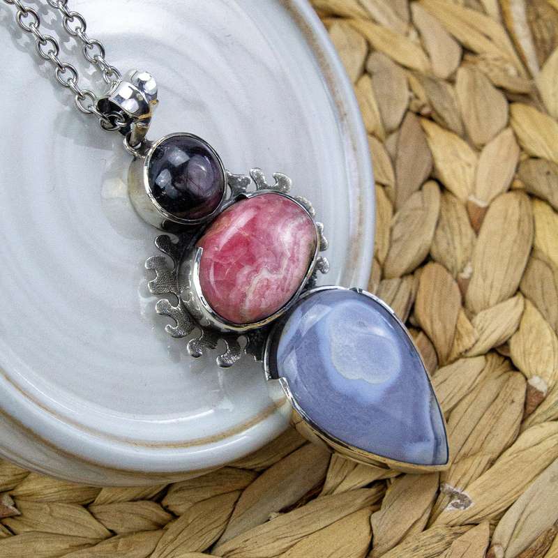 Sterling Silver Madagascan Ruby, Rhodochrosite and Blue Lace Agate Crystal Gemstone Pendant (Nepal)
