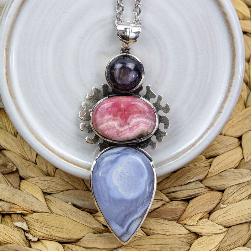 Sterling Silver Madagascan Ruby, Rhodochrosite and Blue Lace Agate Crystal Gemstone Pendant (Nepal)