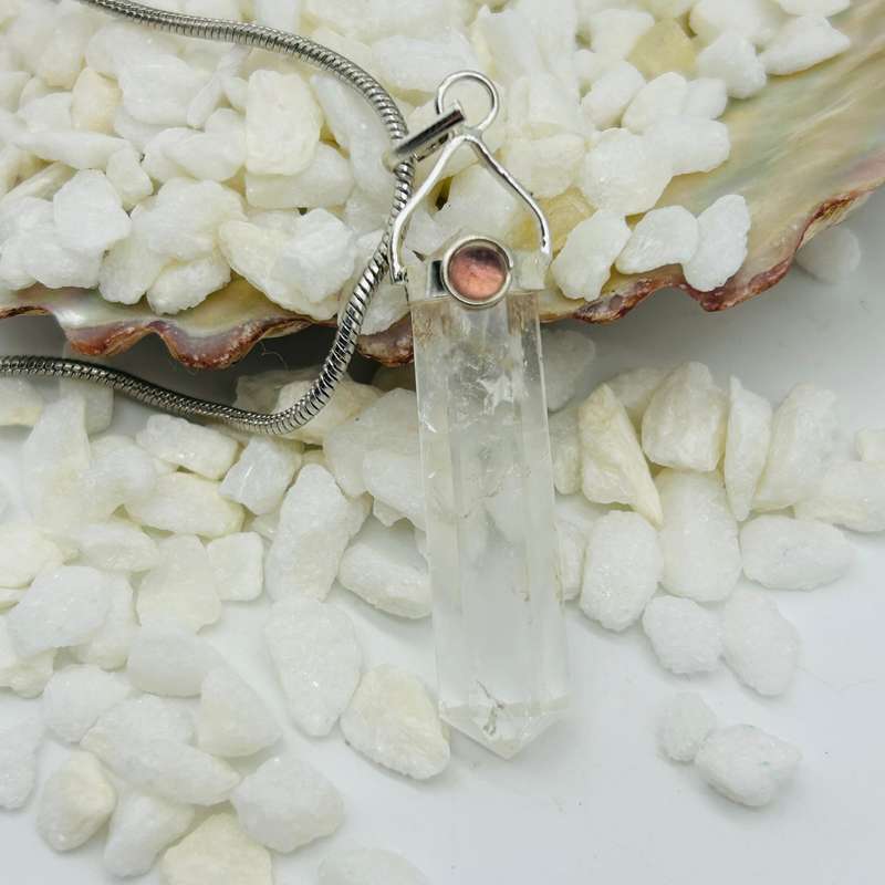 Clear Quartz Crystal Pendant with Pink Tourmaline Cabochon
