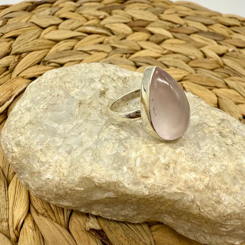 Rose Quartz Teardrop Sterling Silver Crystal Ring