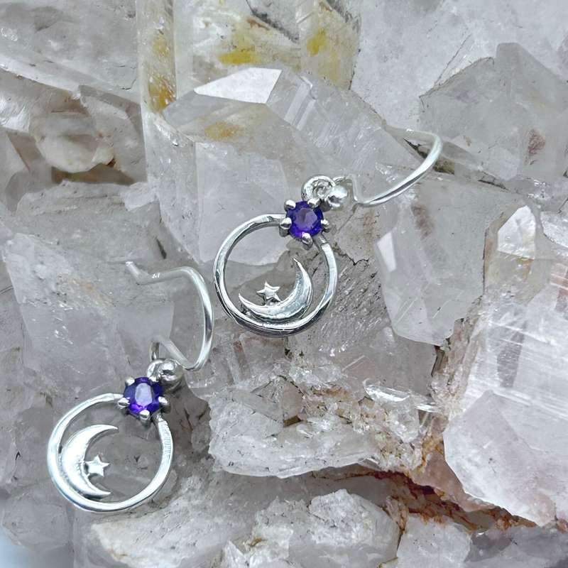 Sterling Silver Amethyst Moon And Star Earrings