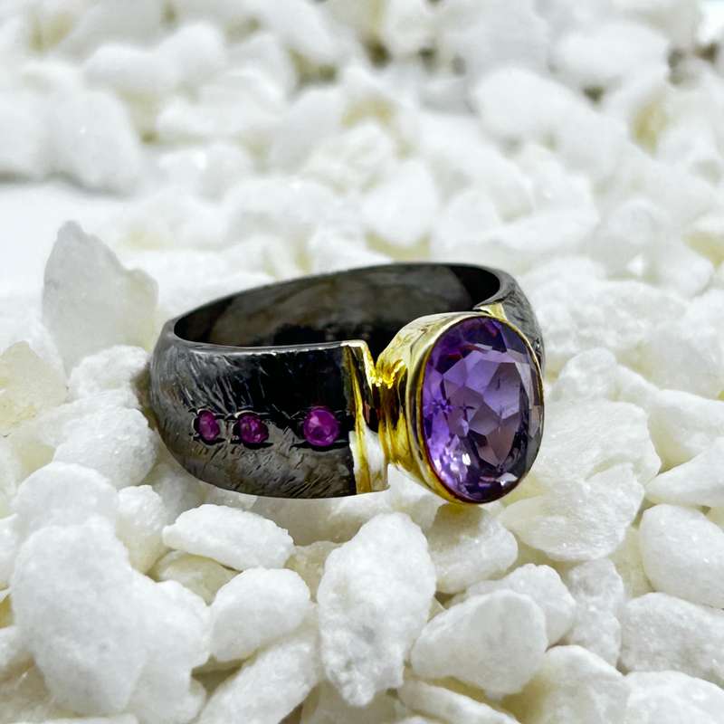 Amethyst Rhodium Plated Sterling Silver Ring