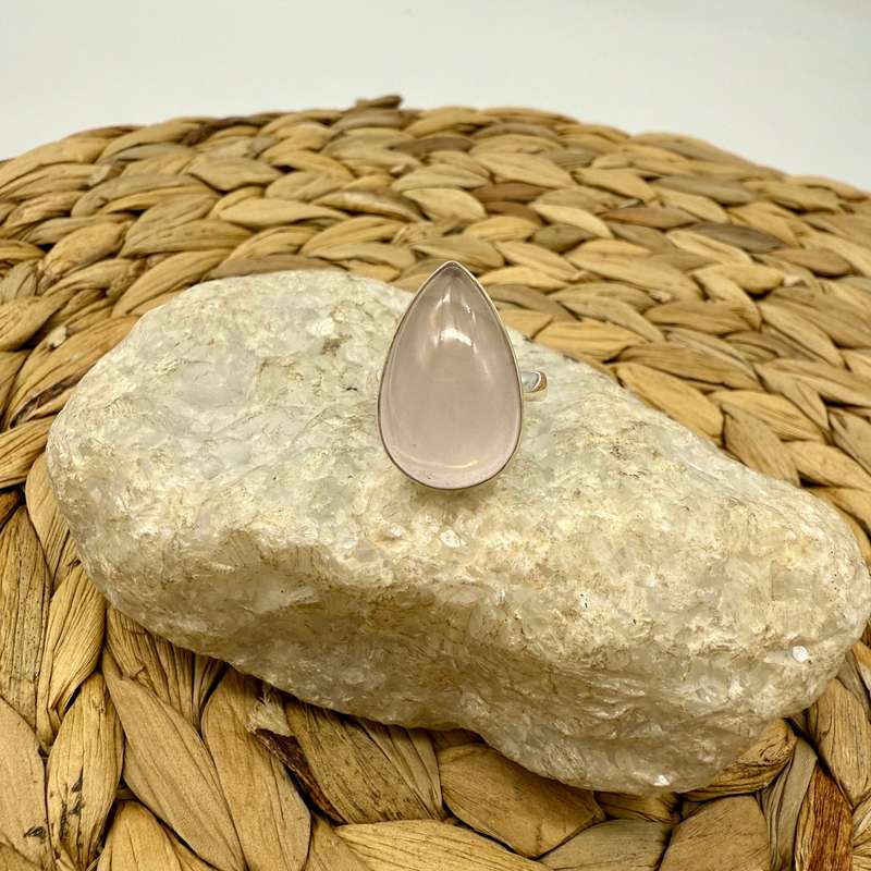Rose Quartz Teardrop Sterling Silver Crystal Ring