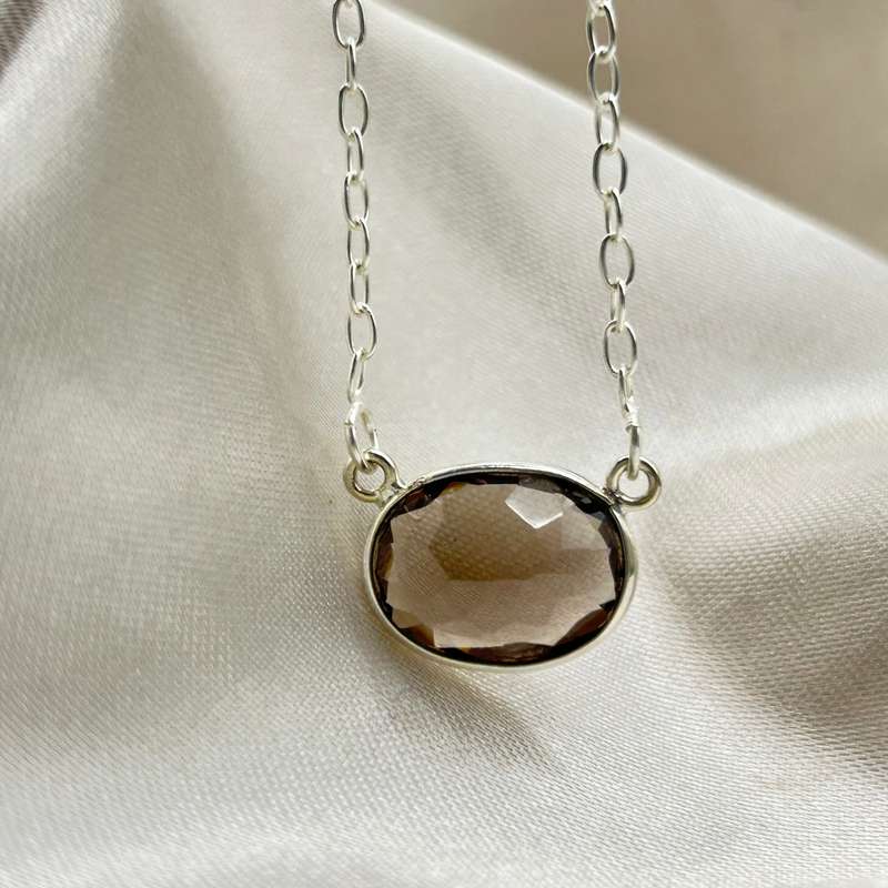 Smoky Quartz Oval Faceted Crystal Sterling Silver Necklace