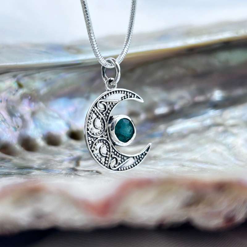 Crescent Moon Filigree With Emerald Sterling Silver Pendant