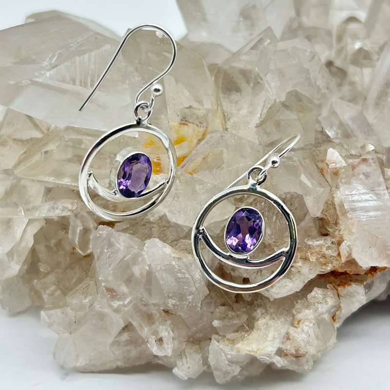 Modern Crescent Moon Amethyst Crystal Sterling Silver Earrings