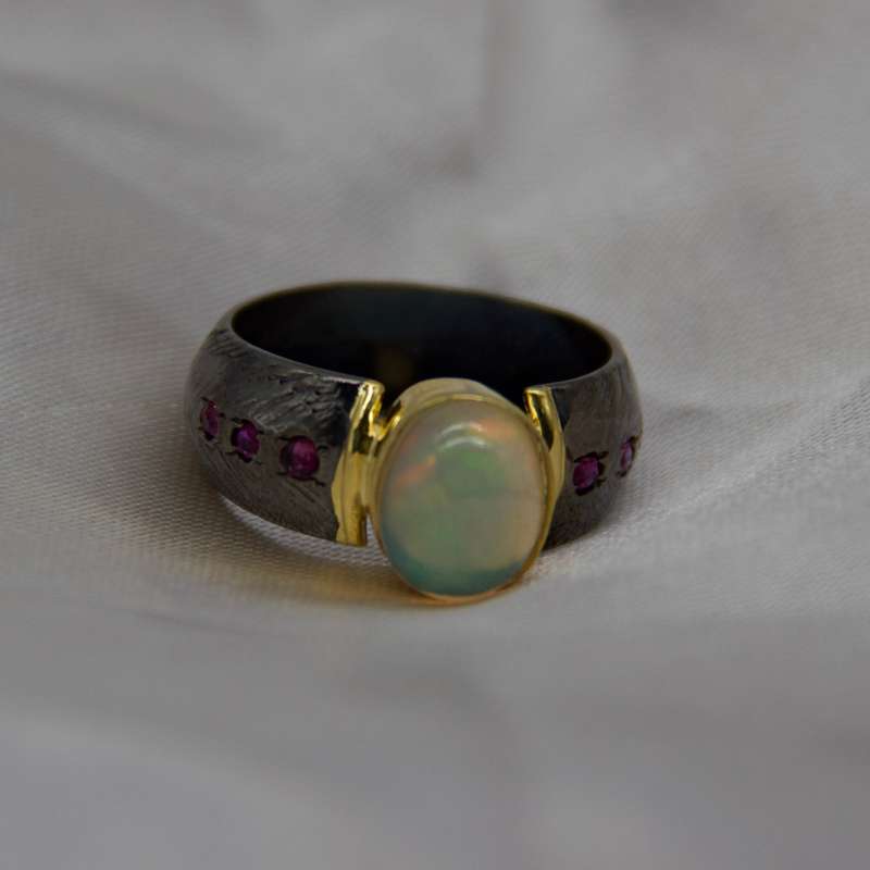 Ethiopian Opal Sterling Silver Rhodium Ring