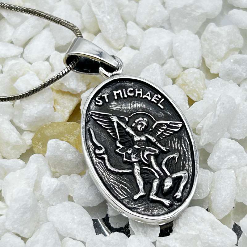 Oval Sterling Silver St Michael Guardian Angel Pendant