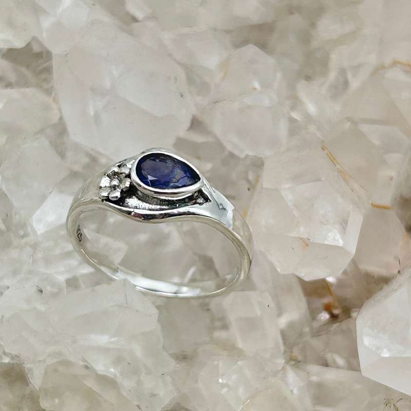 Pear Shaped Faceted Iolite Crystal Sterling Silver Ring