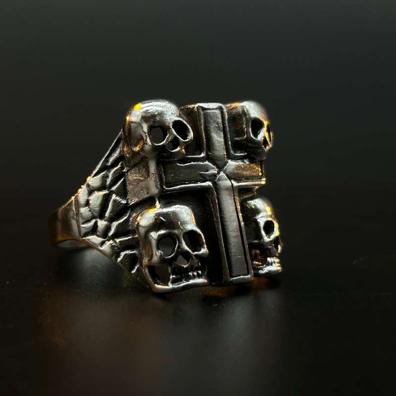 Mens 4 Skull Cross Sterling Silver Ring