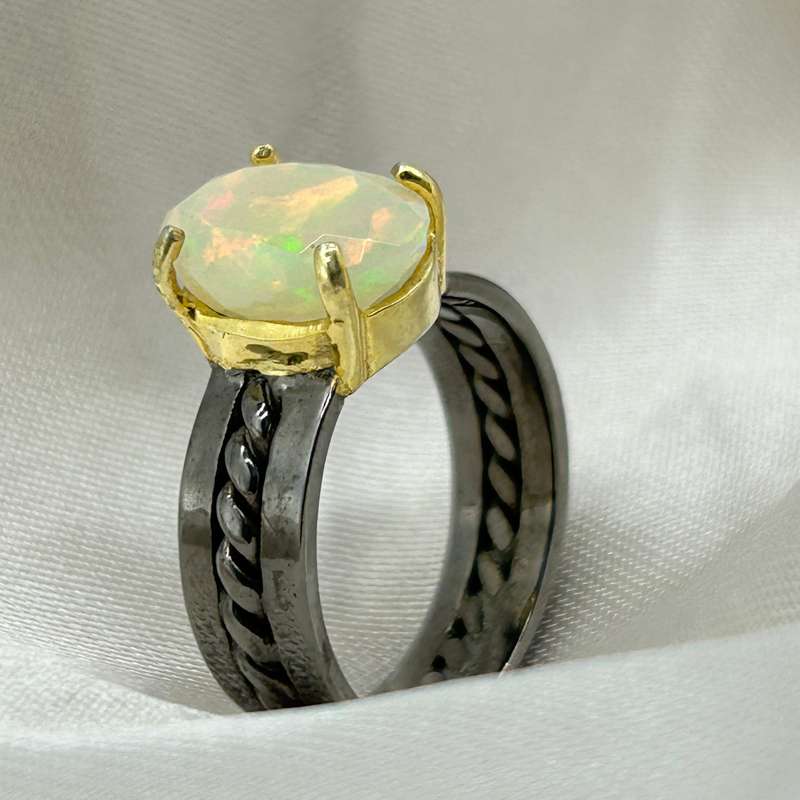 Ethiopian Opal Sterling Silver Rhodium Plated Ring