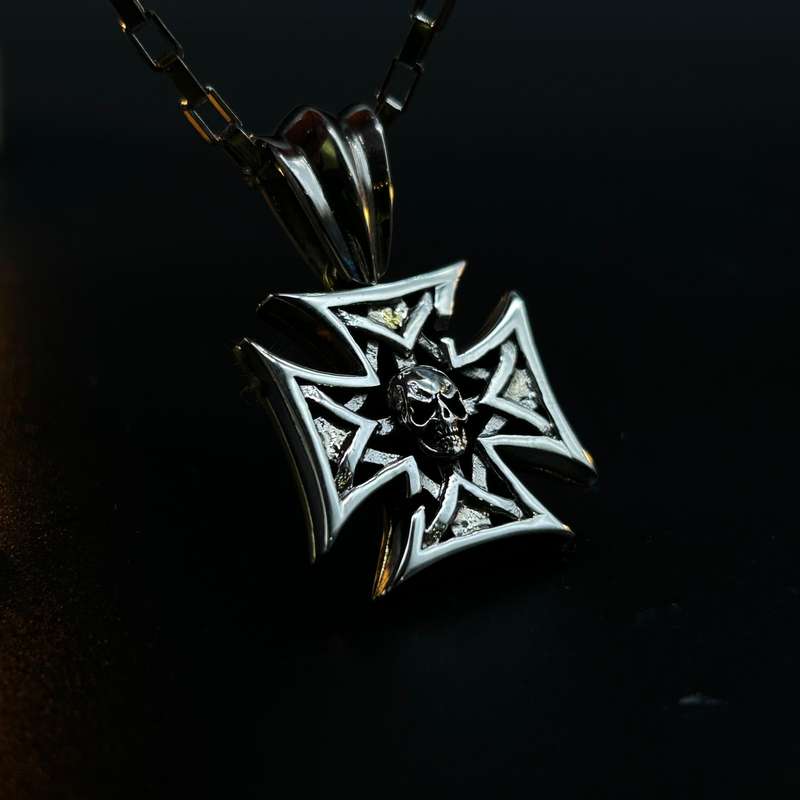 Mens Skull Iron Cross Sterling Silver Pendant