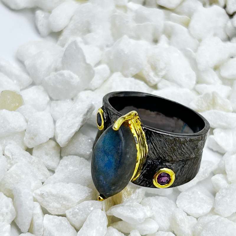Labradorite Rhodium Plated Sterling Silver Ring With Amethyst And Ruby