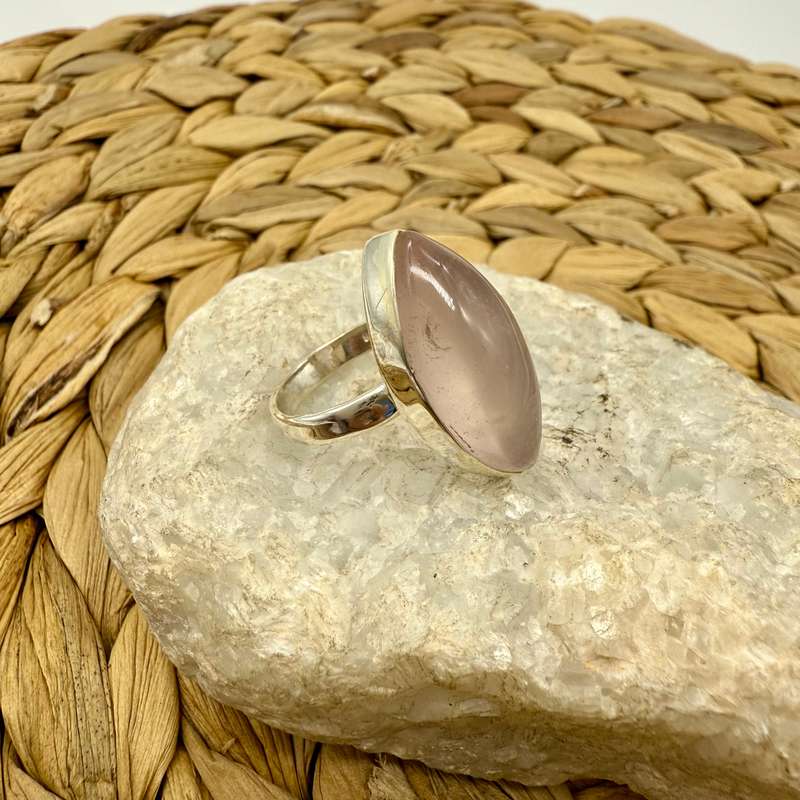 Rose Quartz Marquise-shaped Sterling Silver Crystal Ring