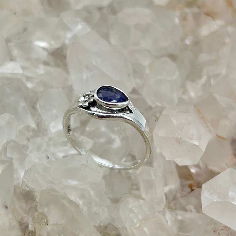 Pear Shaped Faceted Iolite Crystal Sterling Silver Ring