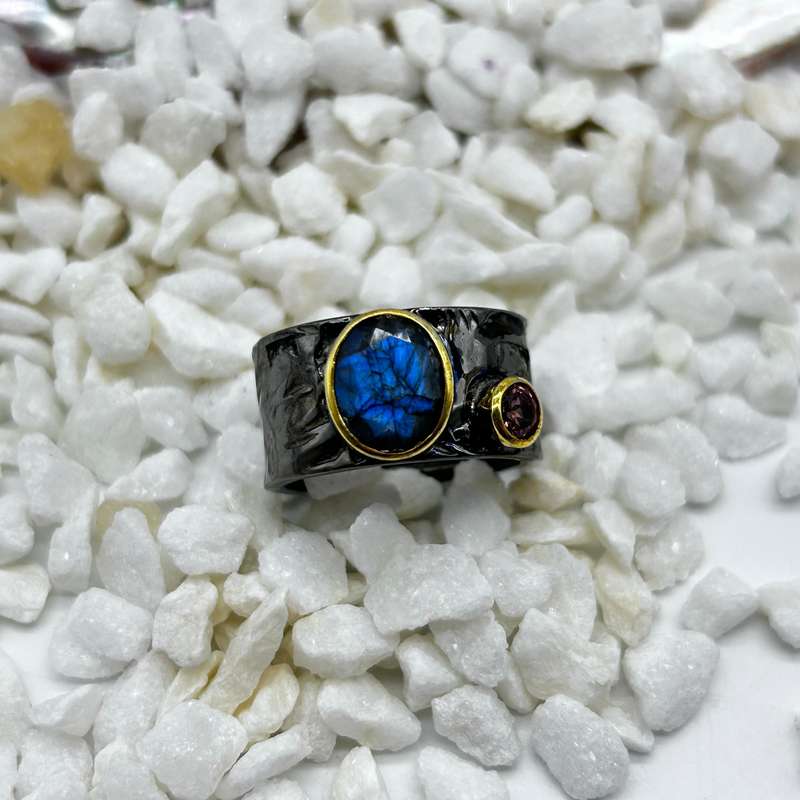 Labradorite Rhodium Plated Sterling Silver Ring With Pink Amethyst