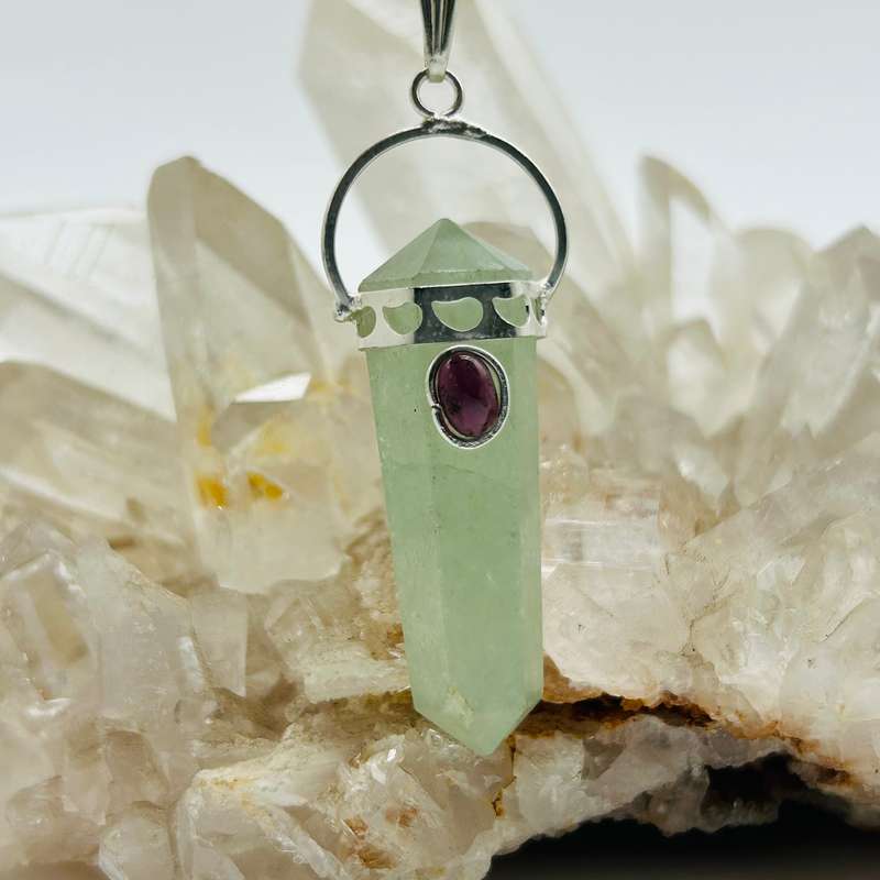 Green Aventurine with Garnet Cabochon DT Crystal Pendant