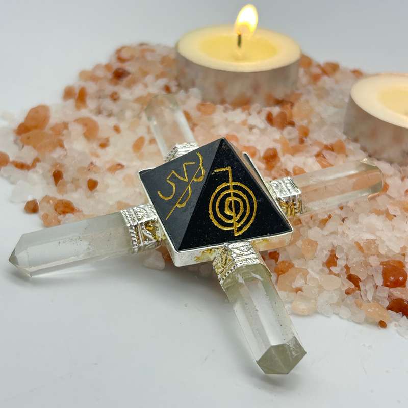 Black Tourmaline Generator Pyramid with Reiki Symbols and Clear Quartz Points
