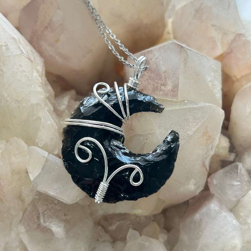 Black Obsidian Moon Wire Wrap Pendant