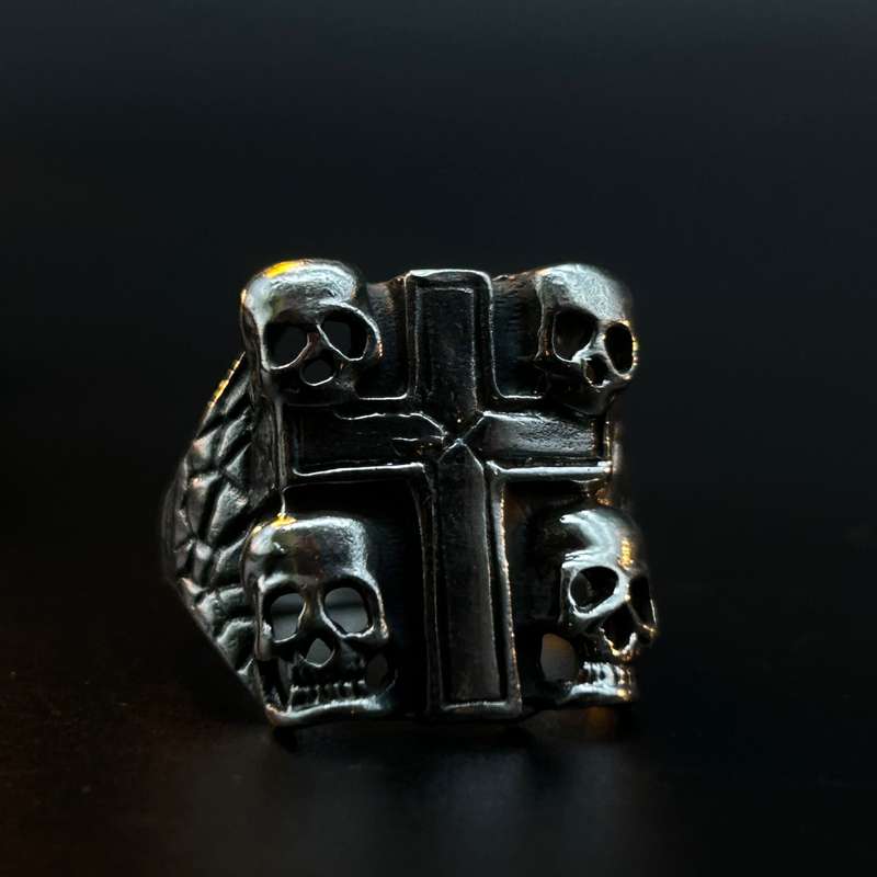 Mens 4 Skull Cross Sterling Silver Ring