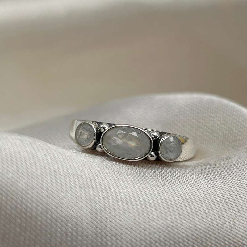 Moonstone Sterling Silver Crystal 3 Stone Ring