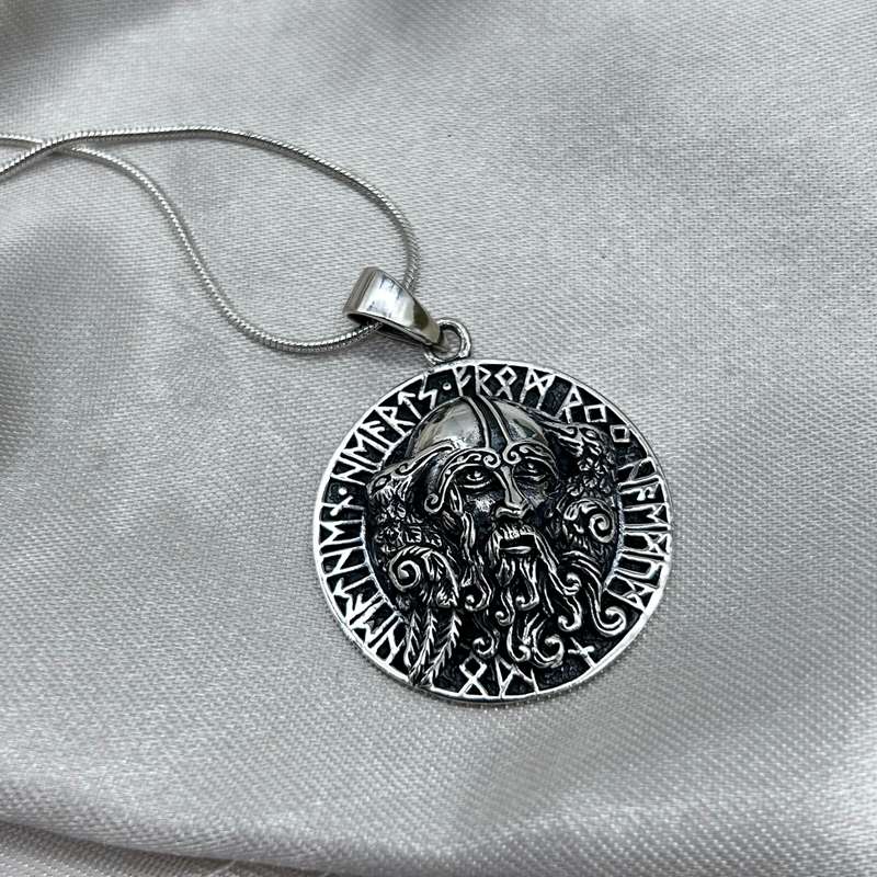 Mens Sterling Silver Pendant - Runes & A Viking Warlord